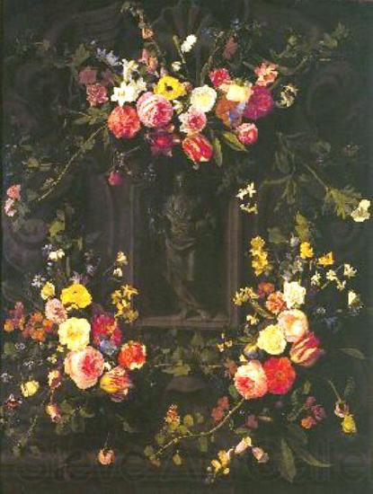 Jan Philip van Thielen Garland of flowers surrounding Christ figure in grisaille Norge oil painting art